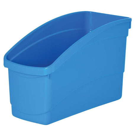 Light blue plastic storage tub with high back, designed for organizing books and folders in a stylish, durable way.