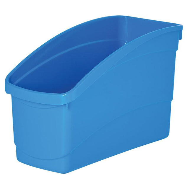 Light blue plastic storage tub with high back, designed for organizing books and folders in a stylish, durable way.