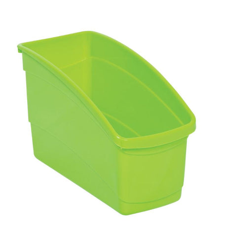 Vibrant lime green plastic storage tub for organizing books, supplies, and crafts, featuring a high back for taller items.