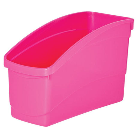 Magenta plastic storage tub with high back, perfect for organizing books and office supplies in style.