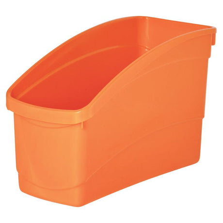 Vibrant orange plastic storage tub with high back for organizing books, folders, and supplies in a fun, practical design.