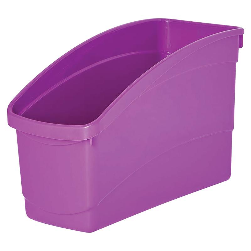 Purple plastic storage tub by Elizabeth Richards, ideal for organizing books and essentials with a durable high back design.