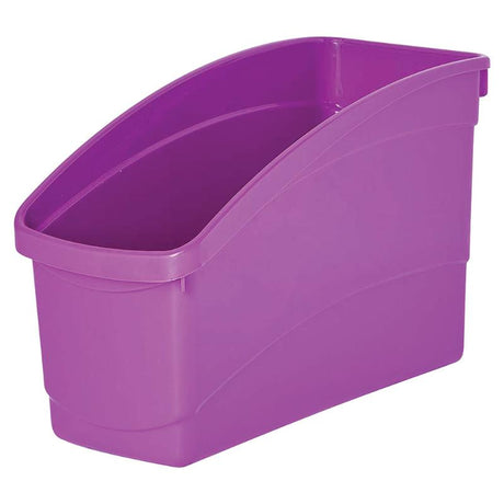Purple plastic storage tub by Elizabeth Richards, ideal for organizing books and essentials with a durable high back design.