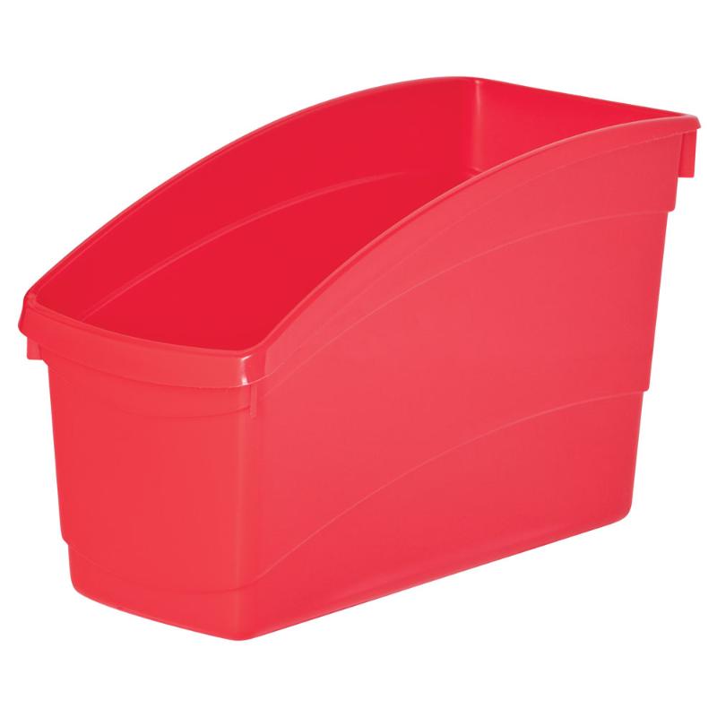 Red plastic storage tub with high back design for organizing books, folders, and binders, perfect for home or classroom use.