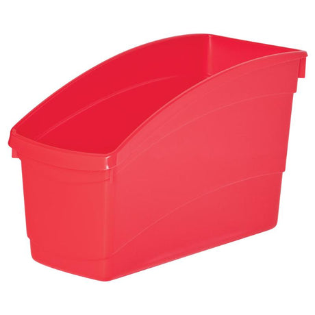 Red plastic storage tub with high back design for organizing books, folders, and binders, perfect for home or classroom use.