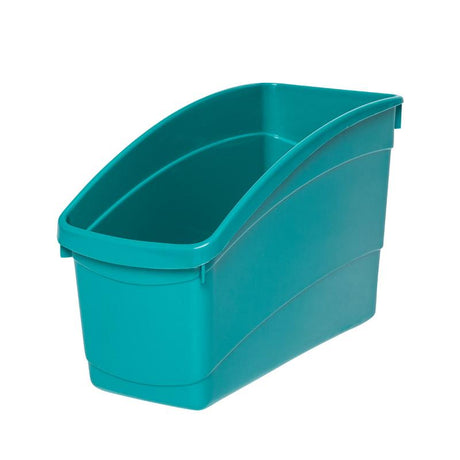 Turquoise plastic storage tub featuring a high back, perfect for organizing books, folders, and supplies efficiently.