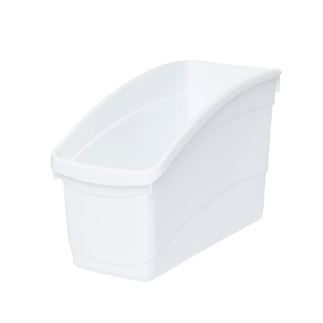 White plastic book and storage tub with high back design, perfect for organizing books and office supplies efficiently.