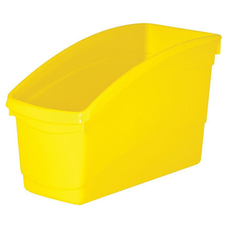 Bright yellow plastic storage tub by Elizabeth Richards, designed for organizing books, files, and craft supplies efficiently.