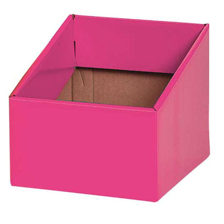 Five vibrant magenta storage boxes designed for classroom organization of books and creative supplies.