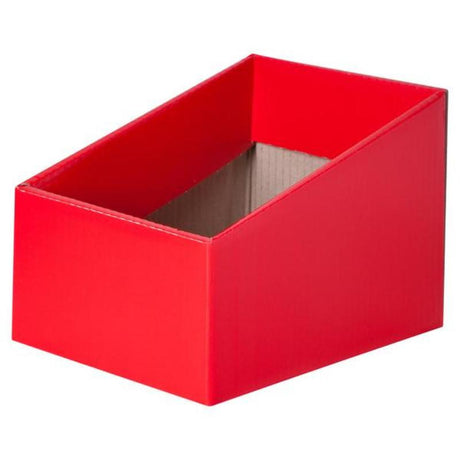 Vibrant red storage boxes for organizing books and educational materials, perfect for classrooms and play areas.