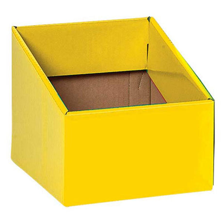 Bright yellow storage boxes for organizing educational resources, perfect for classrooms and enhancing reading environments.