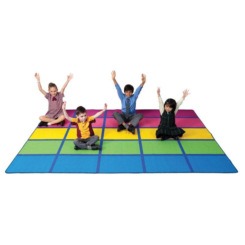 Colorful Elizabeth Richards Rainbow Blocks Rug, 3m x 2m, features non-slip backing, perfect for children's play and learning environments.