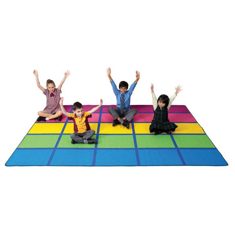 Colorful Elizabeth Richards Rainbow Blocks Rug, 3m x 2m, features non-slip backing, perfect for children's play and learning environments.