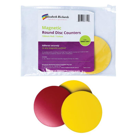 Large magnetic counters in yellow and red, 10cm diameter, ideal for counting, sorting, and interactive math learning activities.