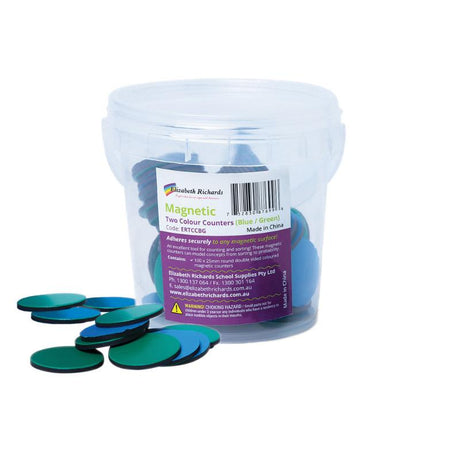 Magnetic two-colour counters in blue and green, 25mm, ideal for counting, sorting, and educational play, set of 100 pieces.