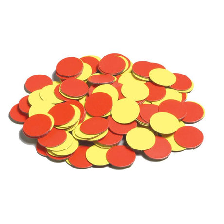 Magnetic red and yellow counters, 25mm, pack of 100, ideal for educational activities and interactive learning.