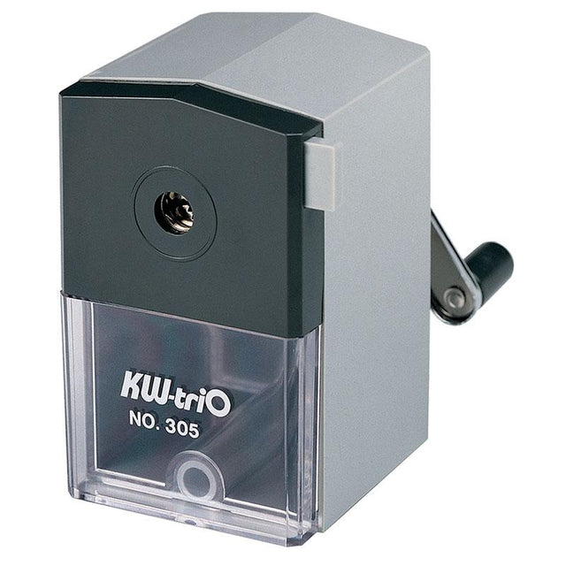 KW Pencil Sharpener Desk 305A in grey, featuring a three-grip jaw design, self-feed mechanism, and built-in shavings container.