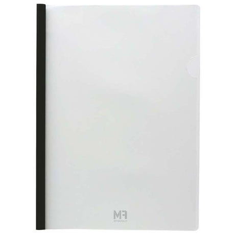 Sleek black presentation book with clear cover, holds 35 A4 sheets, ideal for organizing and protecting documents.