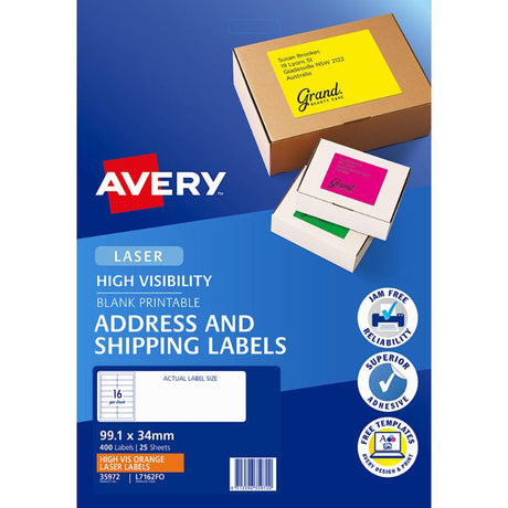 Fluoro orange Avery shipping labels for laser printers, 99.1x34mm, 16 per sheet, ideal for clear and vibrant packaging.