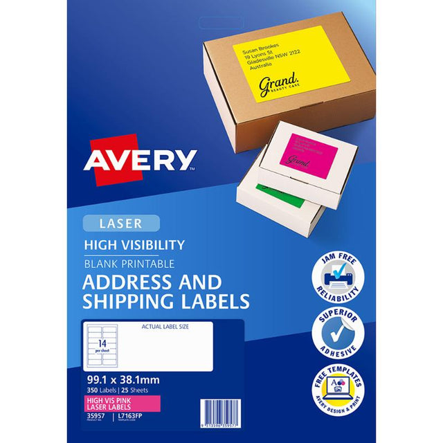 Avery L7163FP Flo Pink shipping labels, vibrant, 99.1x38.1mm, 350 labels total, ideal for easy parcel identification.