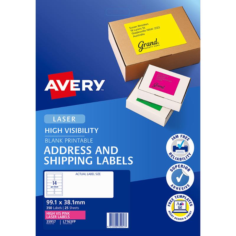 Avery Shipping Label L7163FP Flo Pink Laser 99.1x38.1mm 14up 25 Sheets