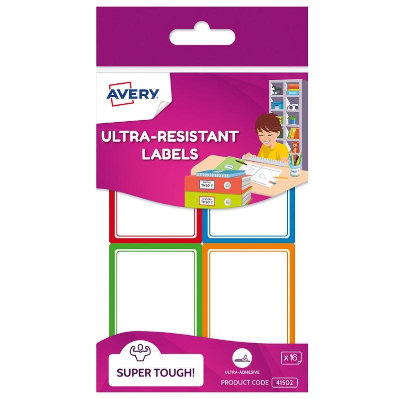 Avery Kids Ultra-Resistant Labels in assorted colors, durable and safe for microwaves, great for labeling school items.