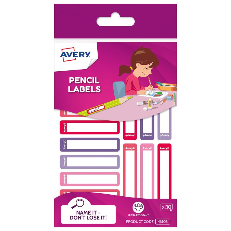 Vibrant pink and purple pencil labels from Avery for kids, perfect for identifying and organizing stationery, 30-pack.