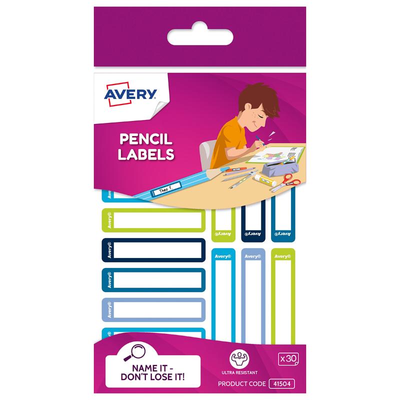 Bright blue and green Avery Kids Pencil Labels, 30-pack, durable, water-resistant, perfect for identifying school supplies.