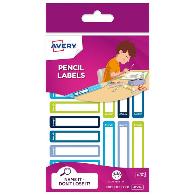 Bright blue and green Avery Kids Pencil Labels, 30-pack, durable, water-resistant, perfect for identifying school supplies.