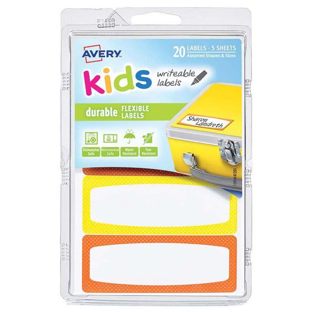 Bright orange and yellow neon border labels for kids, 89x32mm, durable, dishwasher safe, ideal for organizing projects and supplies.