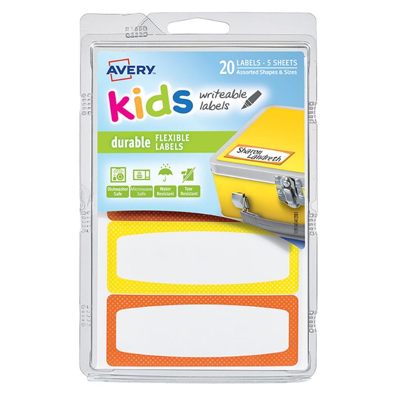 Bright orange and yellow neon border labels for kids, durable and adhesive for various surfaces, ideal for organization and creativity.