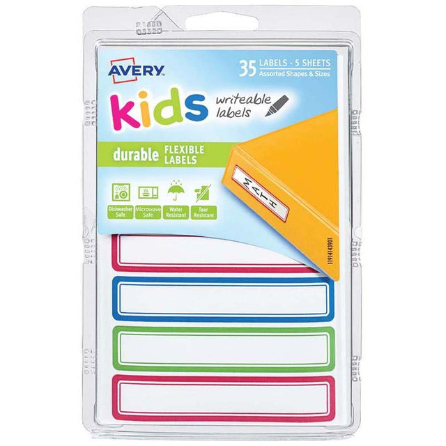 Avery Kids Durable Labels with green, blue, and red borders, perfect for school supplies and crafts, measuring 89x16mm.