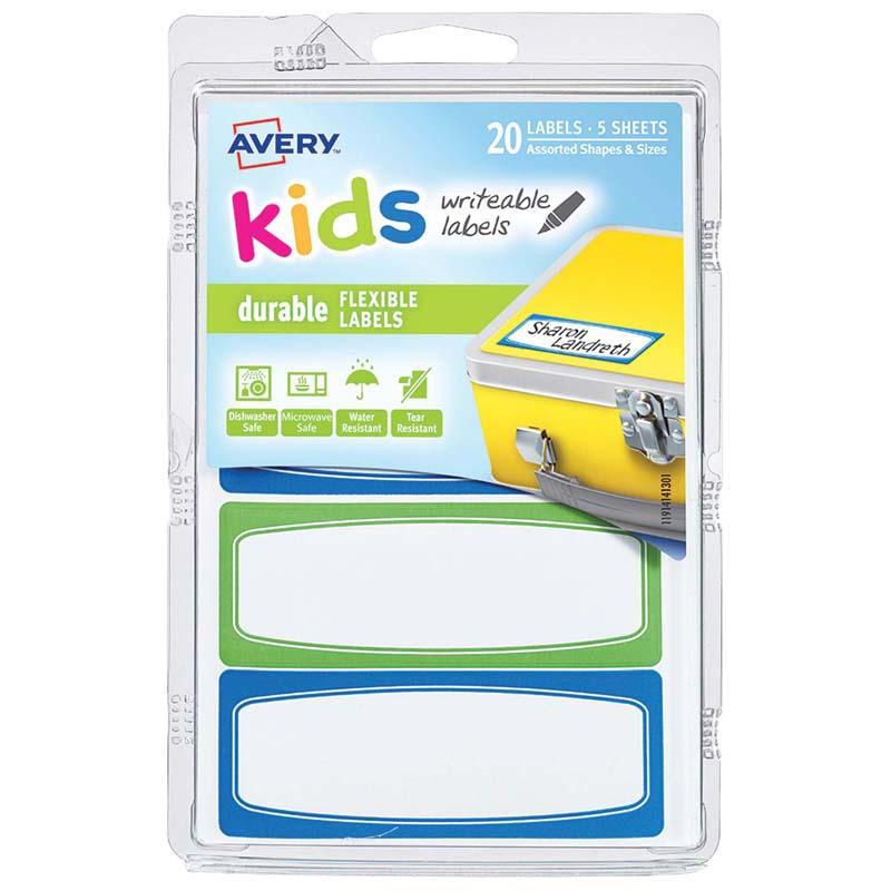 Avery Kids Durable Labels with vibrant green and blue border, perfect for organizing belongings; 20 labels total, dishwasher safe.