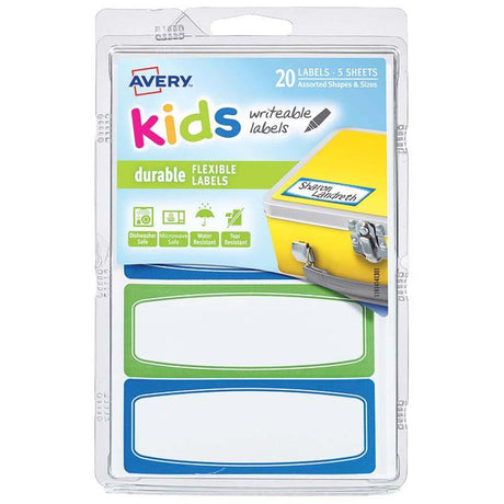 Avery Kids Durable Labels with vibrant green and blue border, perfect for organizing belongings; 20 labels total, dishwasher safe.