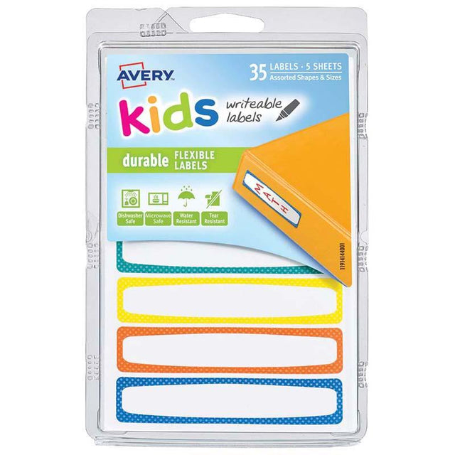 Colorful Avery Kids Durable Labels with neon borders, perfect for organizing school supplies and kids' gear.