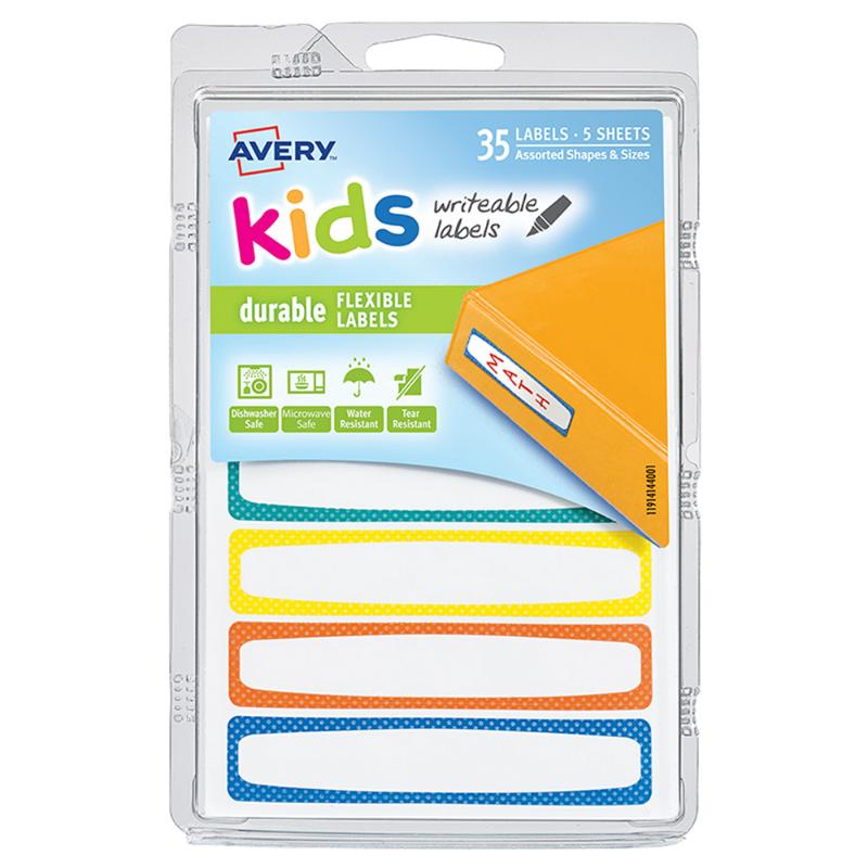 Colorful Avery Kids Durable Labels with neon borders for easy identification of children's gear, 89x16mm, water-resistant.