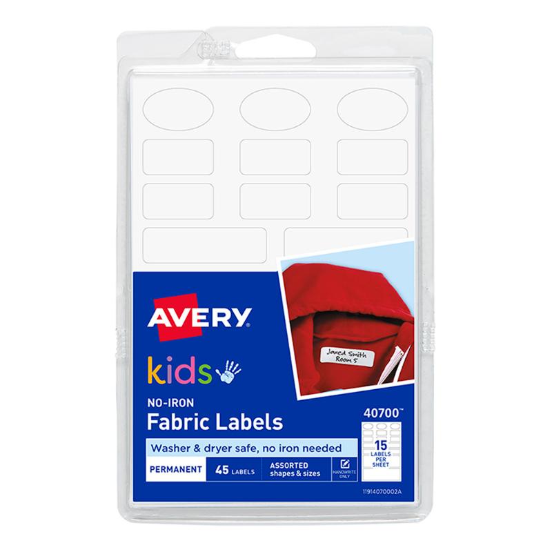 Avery no-iron fabric labels for kids, featuring assorted shapes, perfect for clothing and gear, easy to write and stick.