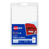 Avery no-iron fabric labels for kids, featuring assorted shapes, perfect for clothing and gear, easy to write and stick.