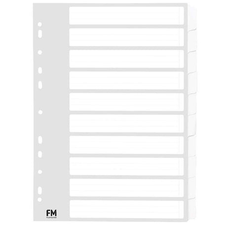 White A4 tabbed dividers, made of durable cardboard, ideal for organizing documents in binders and lever arch files.