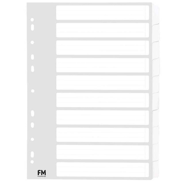 White A4 tabbed dividers, made of durable cardboard, ideal for organizing documents in binders and lever arch files.