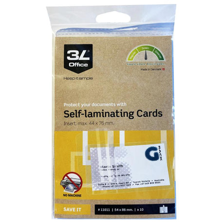 Transparent self-laminating cards, 54x86mm, 10 pack, ideal for preserving documents and images without a machine.