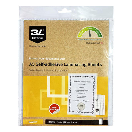 Transparent A5 self-laminating sheets in a 10 pack, ideal for protecting documents without a machine.