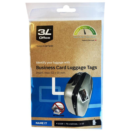 Set of 4 transparent 3L luggage tags, 40x165mm, durable, self-laminating, includes nylon cord and pre-printed cards.
