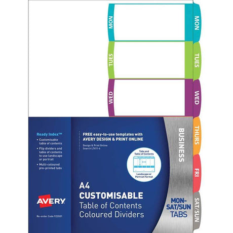 Avery A4 customizable dividers with 6 color-coded tabs for efficient document organization and planning.