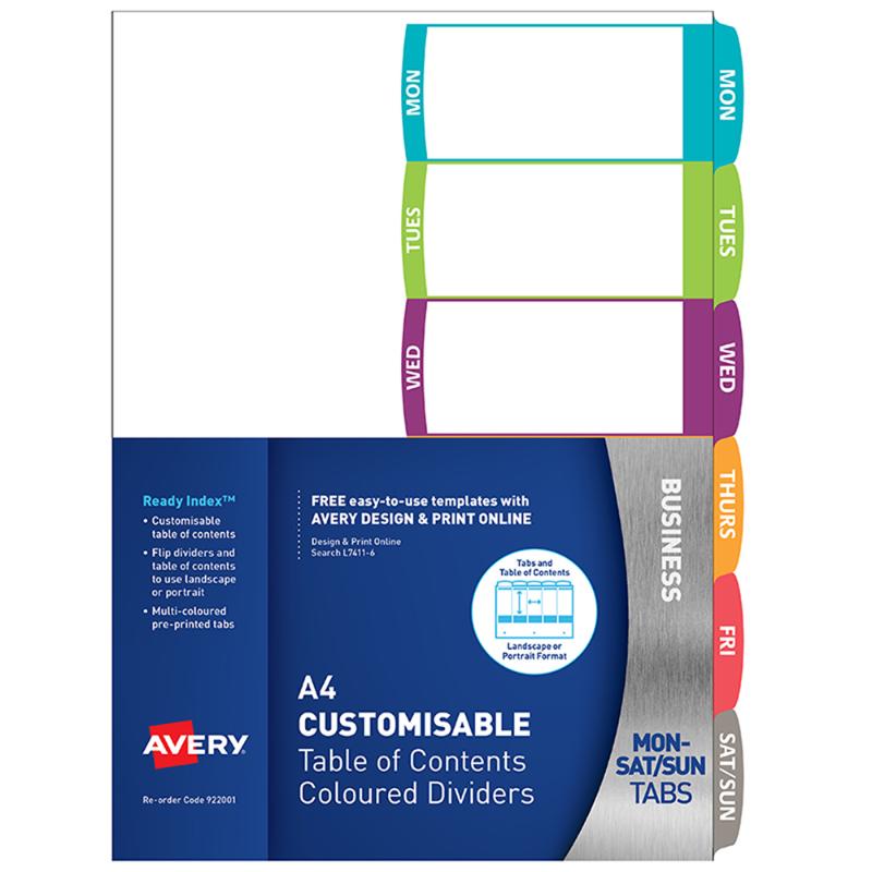 Avery A4 customizable dividers with 6 colored tabs for organizing documents, suitable for landscape or portrait use.