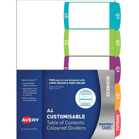 Avery Customisable Table of Contents with 5 durable colour-coded tabs for organized A4 documents in portrait or landscape format.