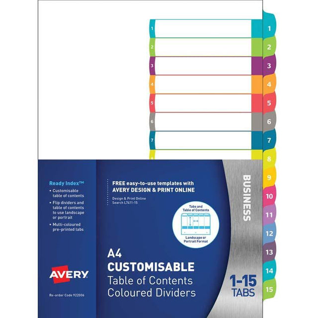 Avery A4 tab dividers with 1-15 customizable tabs in assorted colors for organized presentations and easy indexing.