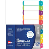 Avery customisable A4 Table of Contents with 10 durable tabs in assorted colors for efficient organization and printing.