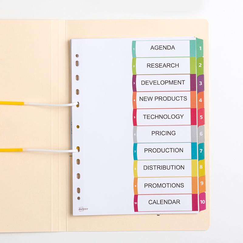 Avery A4 customizable table of contents with 10 colorful tabs for organized presentations, compatible with inkjet and laser printers.