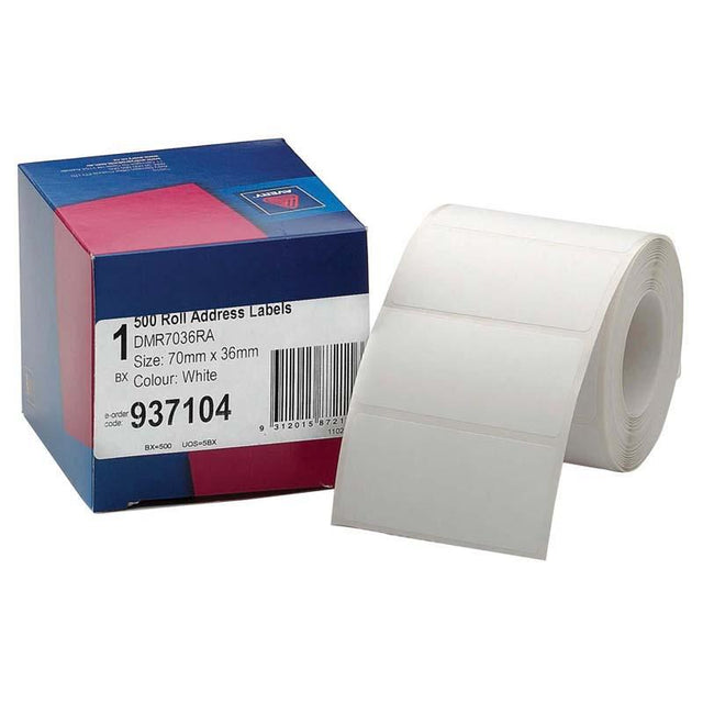 Avery Label Dispenser with 500 white 70x36mm labels, ideal for easy dispensing, organization, and versatile labeling projects.